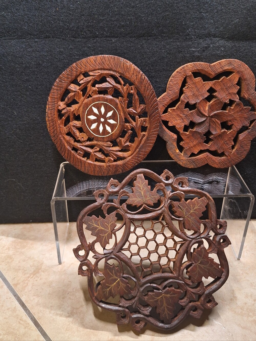 Boho Hand Carved Wood Trivet Plant Stand Hot Pad Floral Inlaid India Lot (3) VTG - Picture 2 of 11